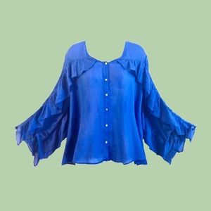 Zara Cobalt Blue Ramie Ruffle Long Sleeve Blouse